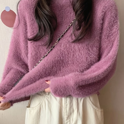 Sixsr Solid Mock Neck Plush Pullover Sweater, Casual Ong Sleeve Cozy Sweater, Women's Clothing