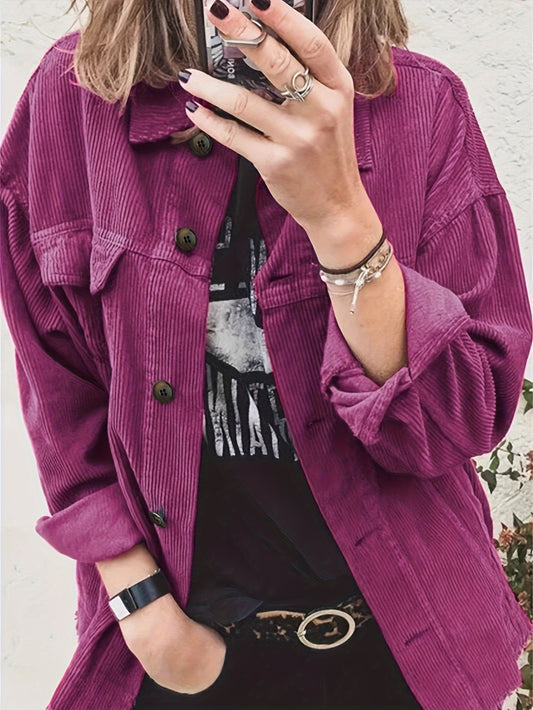 Sixsr Solid Drop Shoulder Fall & Winter Jacket, Casual Button Front Long Sleeve Outerwear, Women's Clothing