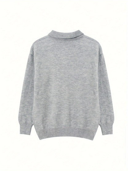 Sixsr Badge Pattern Button Up Knit Cardigan, Casual Turndown Collar Long Sleeve Sweater, Women's Clothing