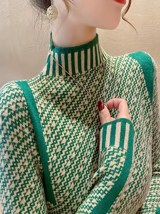 Sixsr Striped Fall & Winter Knit Sweater, Elegant Long Sleeve Sweater, Women's Clothing