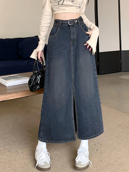 Sixsr High Waist Split Denim Maxi Skirt, Slant Pockets A-Line Washed Denim Skirt, Women's Denim Clothing