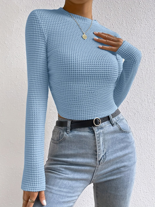 Sixsr Waffle Slim Crew Neck T-Shirt, Casual Long Sleeve Top For Spring & Fall, Women's Clothing