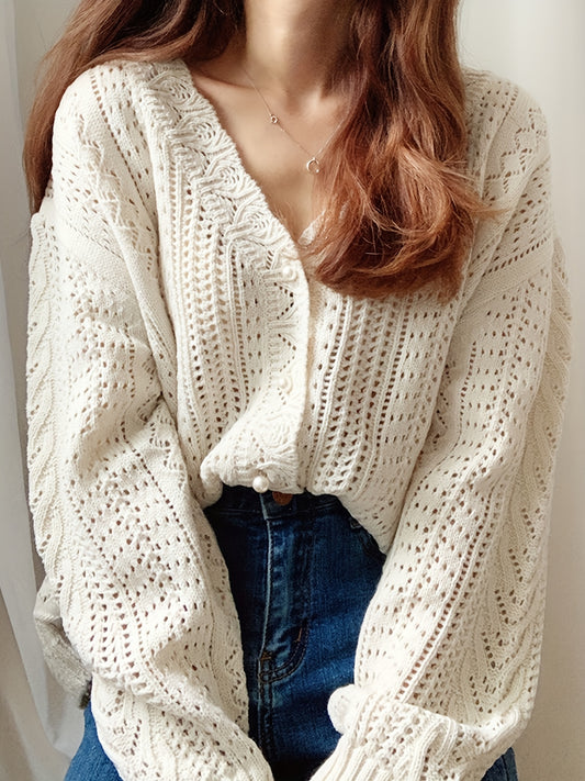 Sixsr Solid Button Front Cardigan, Boho Long Sleeve Drop Shoulder Outwear, Women's Clothing