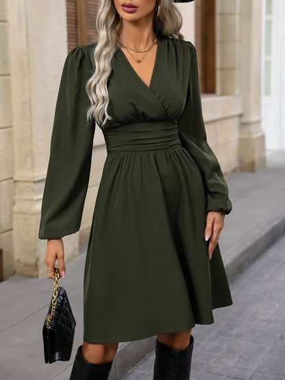 Sixsr Solid Surplice Neck Dress, Elegant Lantern Sleeve Dress, Women's Clothing