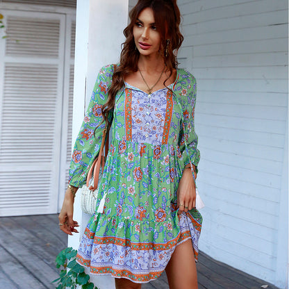 Sixsr Floral Print Ruched Dress, Boho Flared Sleeve V Neck Dress, Women's Clothing