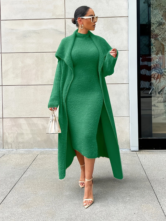 Sixsr Plus Size Elegant Outfits Set, Women's Plus Solid Flannel Long Sleeve Shawl Collar Cardigan & Mock Neck Tank Bodycon Midi Dress Outfits Two Piece Set