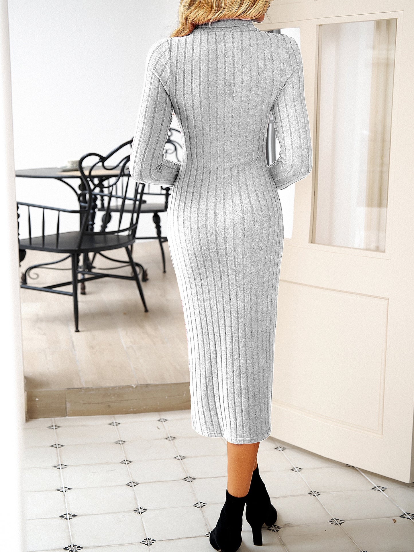 Sixsr Solid Ribbed Knit Long Sleeve Dress, Casual Turtle Neck Slim Dress For Fall & Winter, Women's Clothing