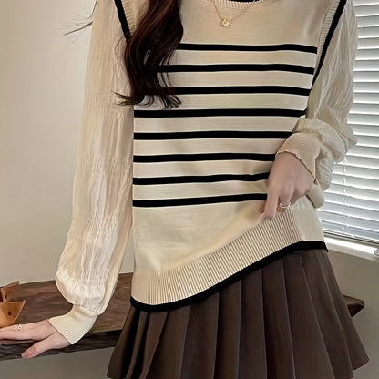 Women's Striped Knit Sweater - Comfortable and Versatile Crew Neck Sleeve Sweater