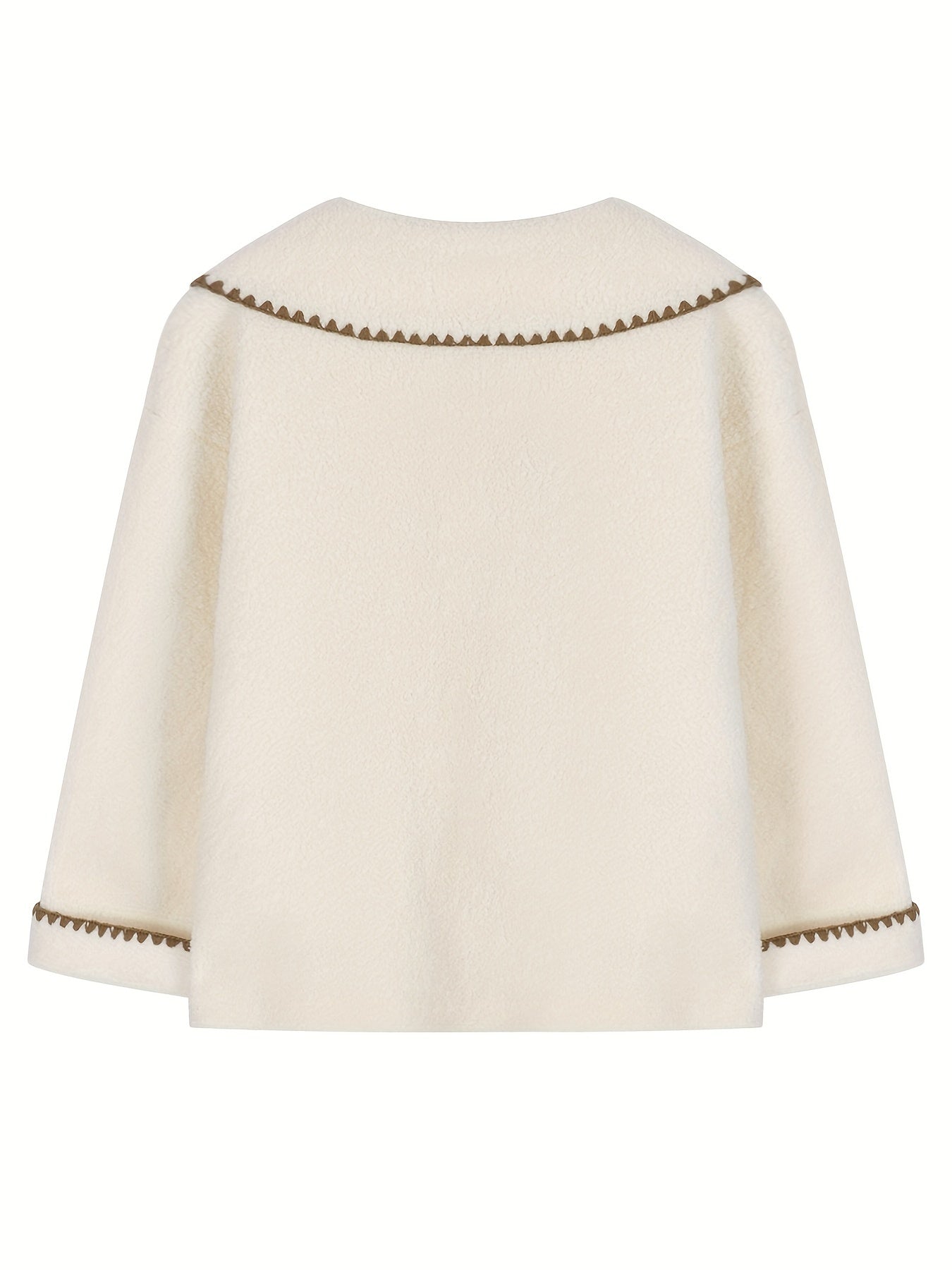 Sixsr Contrast Trim Button Front Plush Coat, Casual Long Sleeve Dual Pockets Lapel Coat For Fall & Winter, Women's Clothing