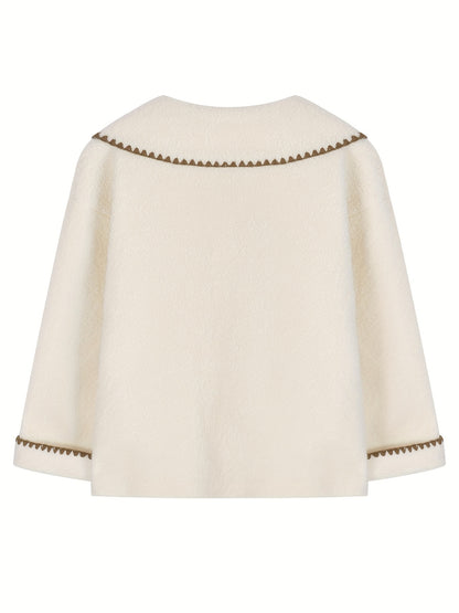 Sixsr Contrast Trim Button Front Plush Coat, Casual Long Sleeve Dual Pockets Lapel Coat For Fall & Winter, Women's Clothing