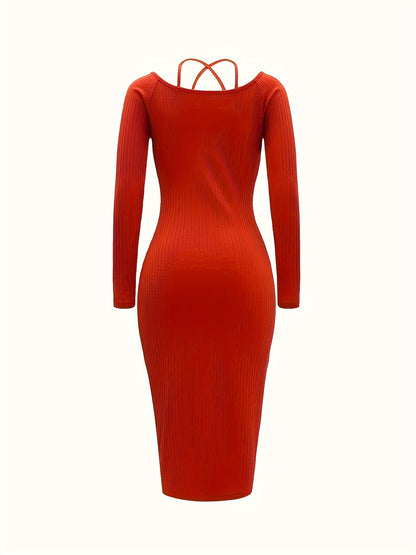 Sixsr Bodycon Ribbed Halter Neck Dress, Elegant Long Sleeve Dress, Women's Clothing