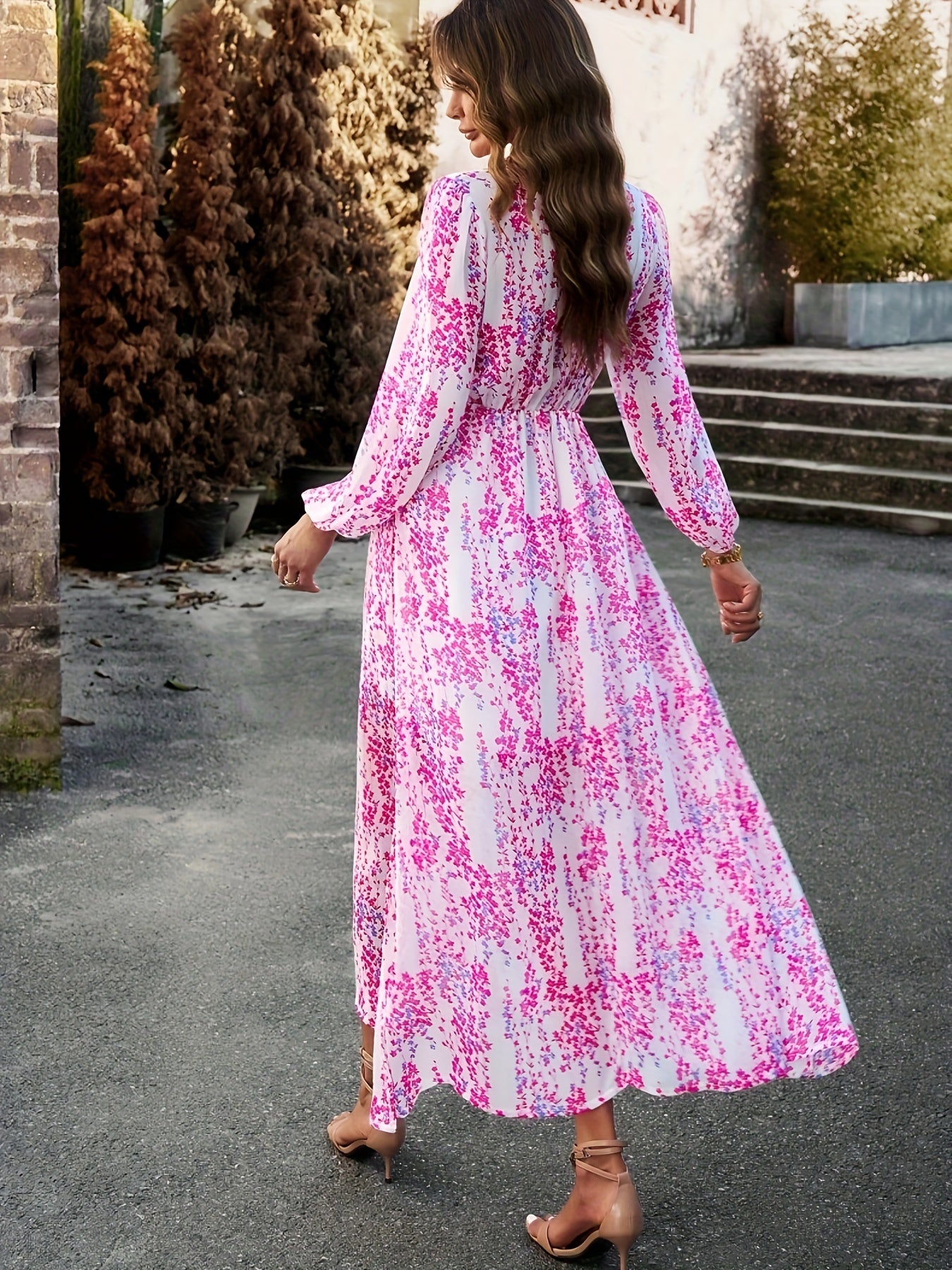 Sixsr Floral Print Maxi Dress, Casual V Neck Long Sleeve Dress, Women's Clothing