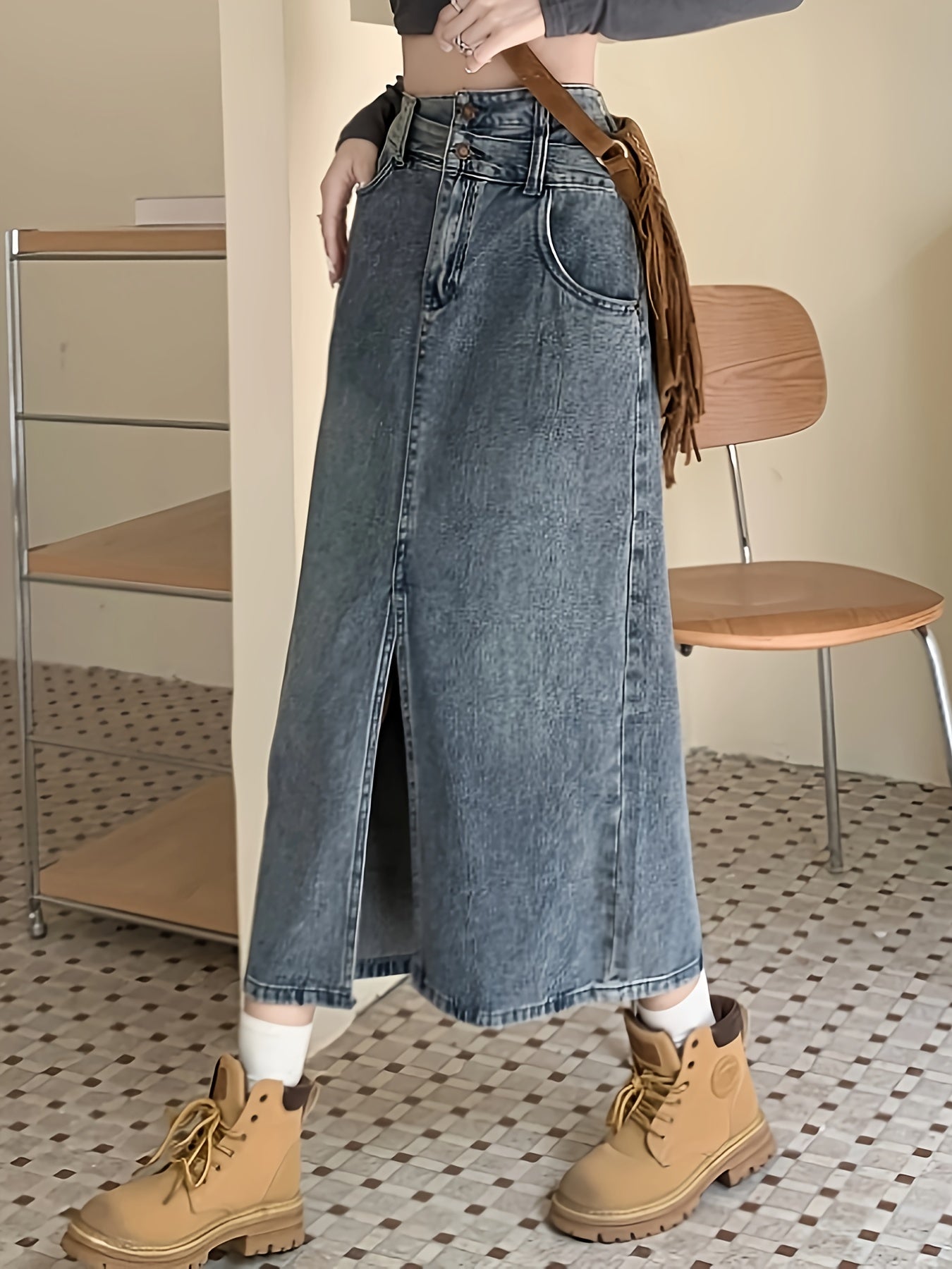 Sixsr Split Front Niche Design Denim Midi Skirt, Double Button High Waist A-line Fashion Denim Skirt, Women's Denim Clothing