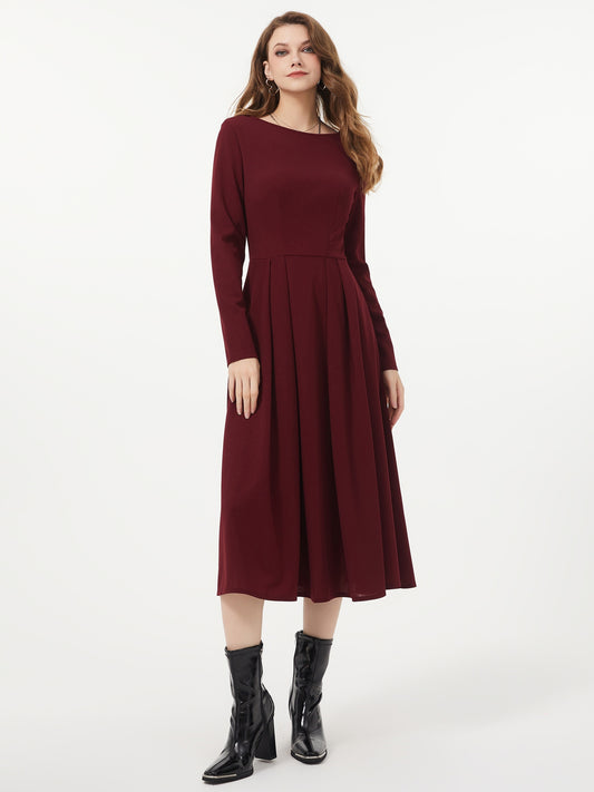 Sixsr Solid Color Crew Neck Dress, Elegant Long Sleeve Pleated Dress, Women's Clothing