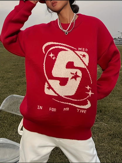 Sixsr Letter Pattern Crew Neck Pullover Sweater, Casual Long Sleeve Sweater For Fall & Winter, Women's Clothing