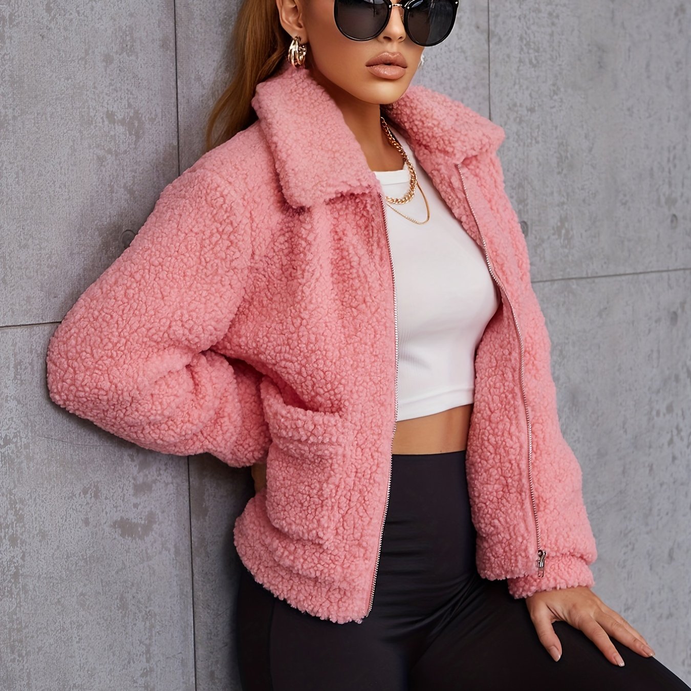 Sixsr Solid Zipper Up Lapel Neck Plush Coat, Casual Long Sleeve Outerwear For Fall & Winter, Women's Clothing