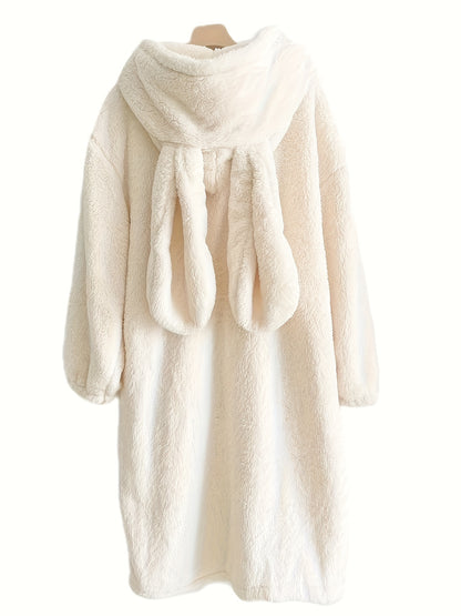 Sixsr Cute Rabbit Hooded Fleece Night Robe, Thickened Long Sleeve Button Up Robe With Pockets, Women's Sleepwear & Dresses