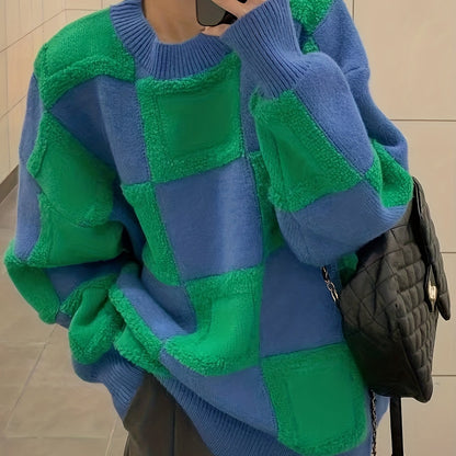 Sixsr Plaid Pattern Crew Neck Pullover Sweater, Casual Long Sleeve Drop Shoulder Sweater, Women's Clothing