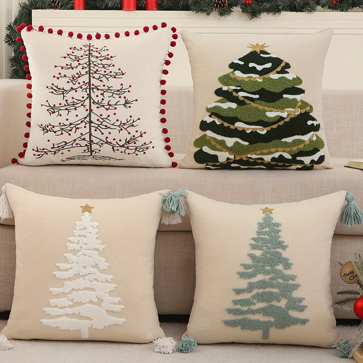 2pcs Tassel Embroidery Christmas Tree Throw Pillow Covers, Home Decor Pillowcase for Bedroom Living Room Sofa Car