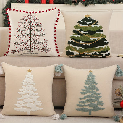 2pcs Tassel Embroidery Christmas Tree Throw Pillow Covers, Home Decor Pillowcase for Bedroom Living Room Sofa Car