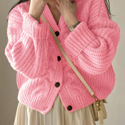 Sixsr Valentine's Day Button Front Cardigan, Vintage Long Sleeve Chunky Knit Cardigan For Fall & Winter, Women's Clothing