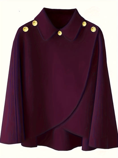 Sixsr Solid Collared Cape Tops, Casual Asymmetrical Outerwear, Women's Clothing