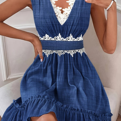 Sixsr Contrast Lace Sleeveless Dress, Elegant Ruffle Hem Dress For Spring & Summer, Women's Clothing