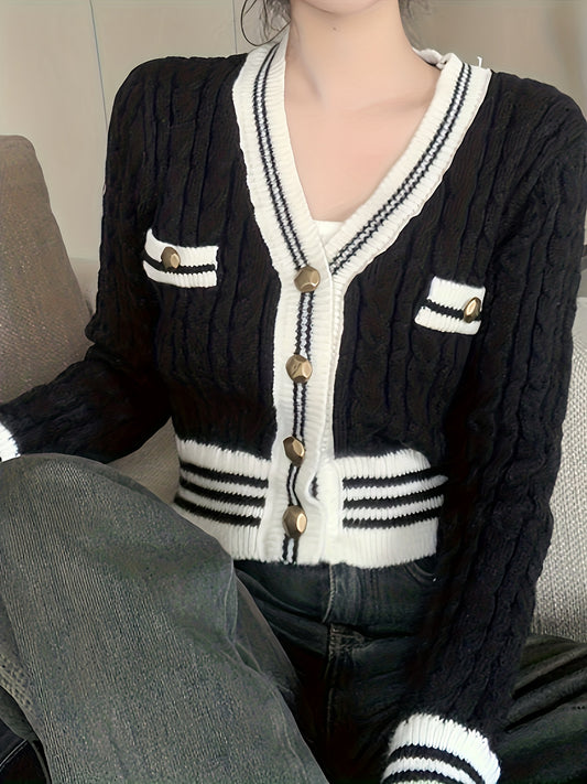 Sixsr Contrast Trim Button Down Cable Knit Cardigan, Casual V Neck Long Sleeve Crop Sweater, Women's Clothing