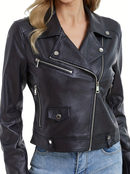 Slant Zipper Lapel Crop Biker Jacket, Vintage Solid Faux Leather Jacket, Women's Clothing