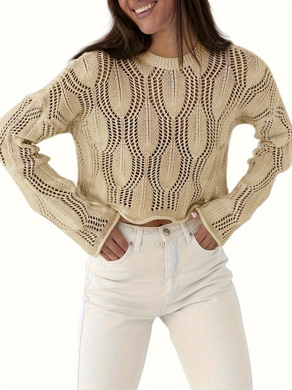 Sixsr Solid Crew Neck Knit Sweater, Casual Long Sleeve Pullover Sweater, Women's Clothing