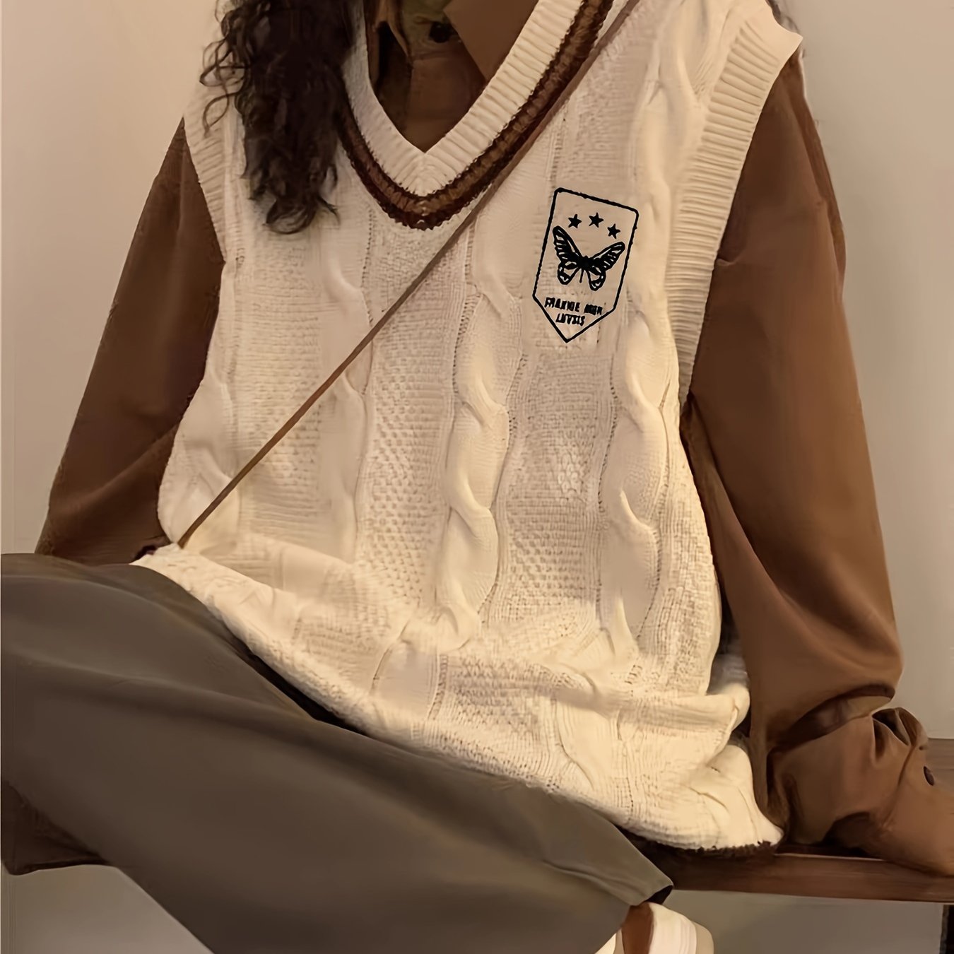 Sixsr Preppy Style V Neck Cable Knit Vest, Casual Sleeveless Loose Sweater Vest, Women's Clothing