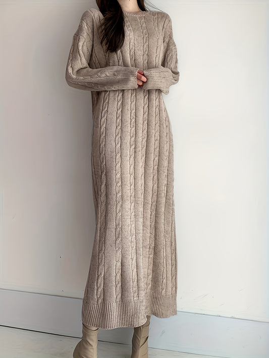 Sixsr Cable Knit Maxi Dress, Elegant Crew Neck Long Sleeve Dress, Women's Clothing