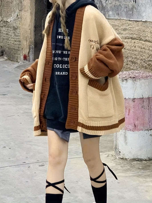 Sixsr Embroidered Color Block Drop Shoulder Cardigan, Preppy Long Sleeve Cardigan For Fall & Winter, Women's Clothing