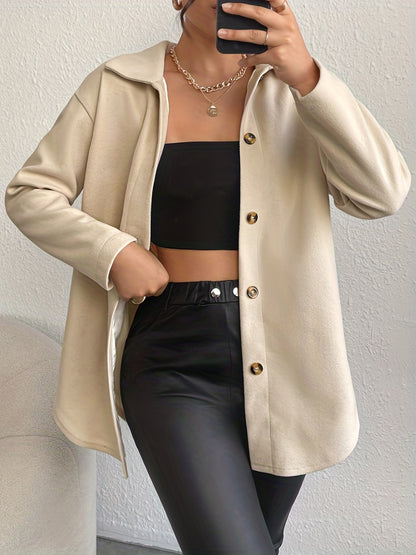 Solid Button Front Coat, Elegant Collared Long Sleeve Outerwear, Women's Clothing