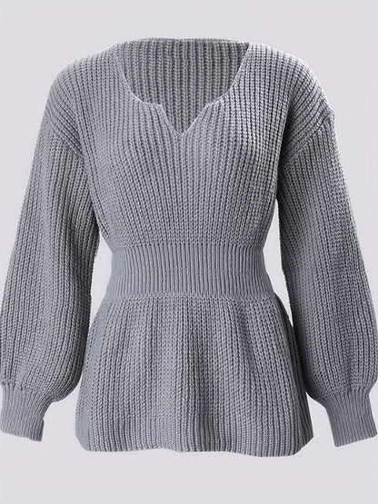 Sixsr Solid Notched Neck Knit Sweater, Elegant Cinched Waist Ruffle Long Sleeve Sweater, Women's Clothing