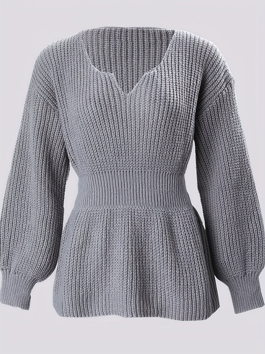 Sixsr Solid Notched Neck Knit Sweater, Elegant Cinched Waist Ruffle Long Sleeve Sweater, Women's Clothing