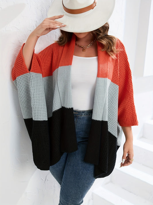 Sixsr Plus Size Colorblock Bell Sleeve Sweater Cardigan, Women's Plus Slight Stretch Casual Sweater Cardigan