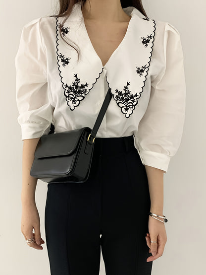Sixsr Embroidered Peter Pan Collar Blouse, Vintage Half Sleeve Blouse For Spring & Summer, Women's Clothing