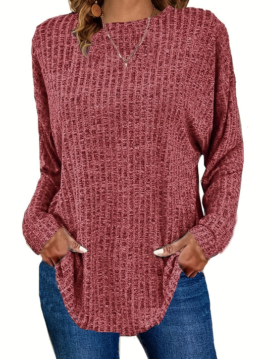 Sixsr Plus Size Casual Sweater, Women's Plus Solid Ribbed Long Sleeve Round Neck Knit Top