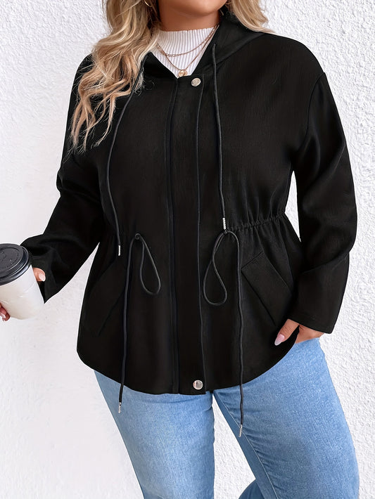Sixsr Plus Size Casual Coat, Women's Plus Solid Long Sleeve Drawstring Zip Up Snap Buttons Hooded Pocketed Coat