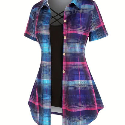 Women's Plaid Print Button Front Shirt and Solid Slim Cami Top Set - Perfect for Casual Summer Outfits