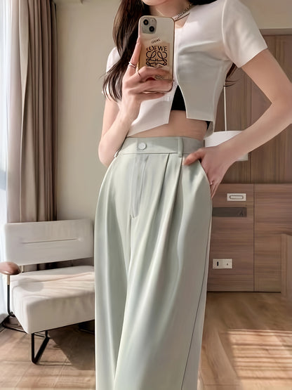 Sixsr Solid High Waist Draped Long Length Pants, Casual Loose Spring & Autumn Pants, Women's Clothing
