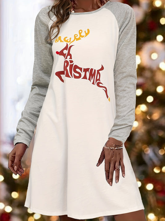 Sixsr Christmas Letter Print Dress, Casual Crew Neck Raglan Sleeve Dress, Women's Clothing