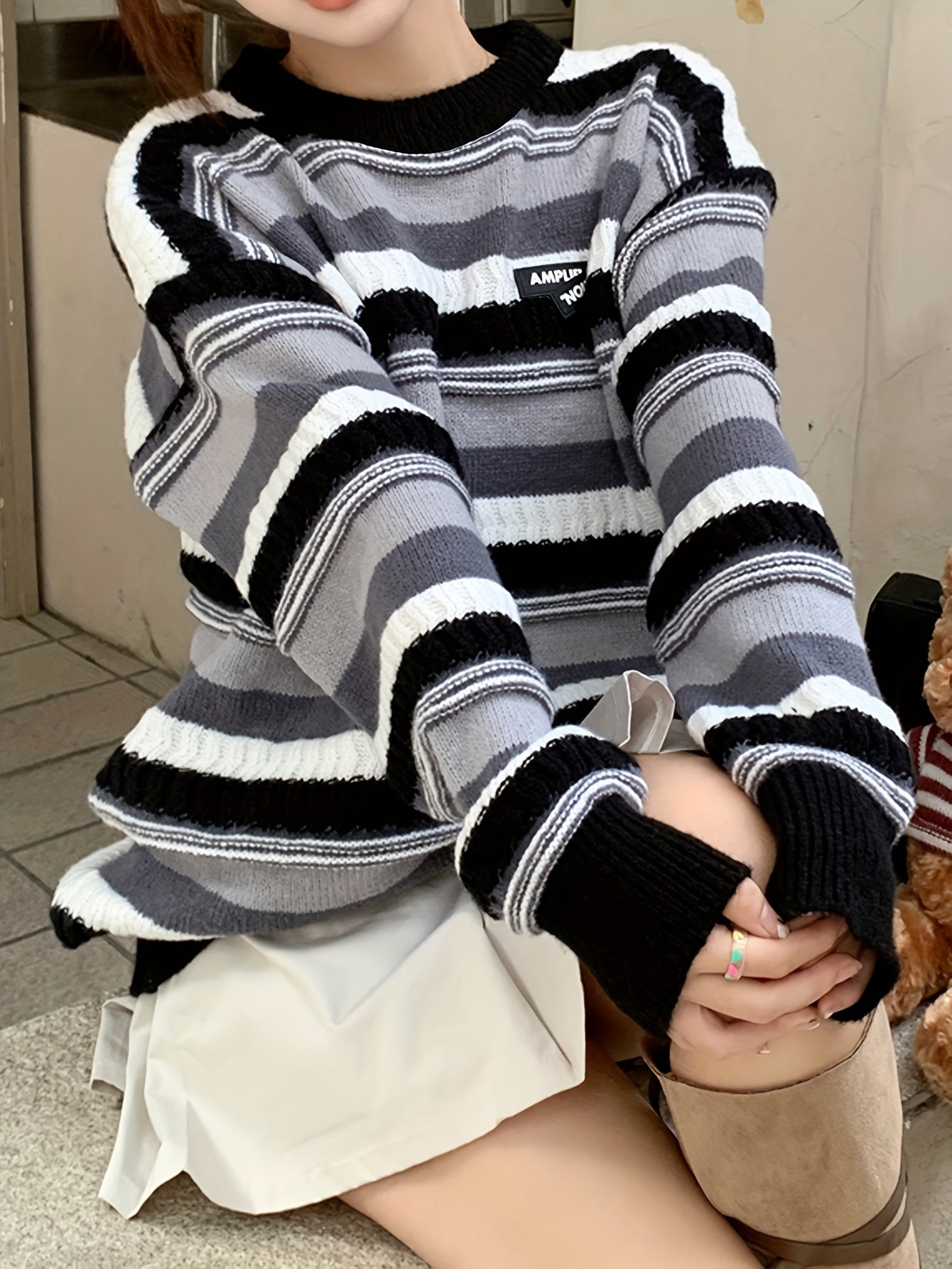 Sixsr Striped Crew Neck Pullover Sweater, Casual Long Sleeve Drop Shoulder Sweater, Women's Clothing