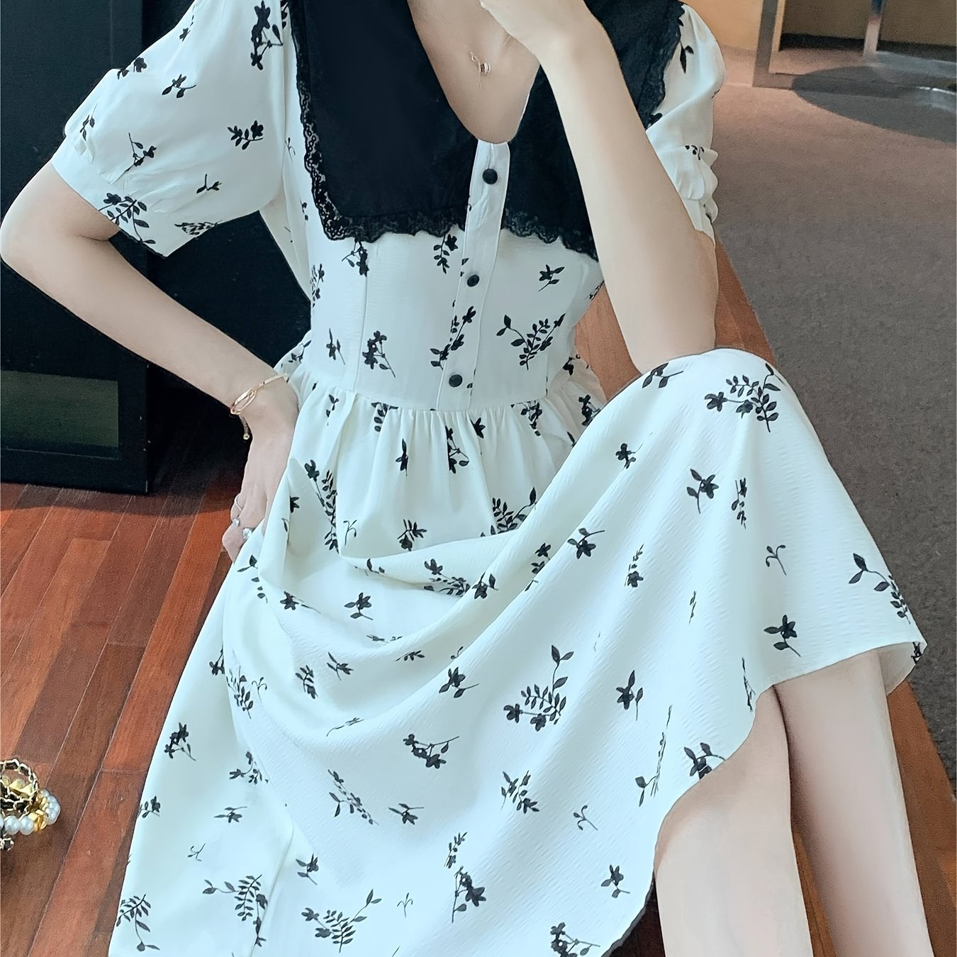 Sixsr Floral Print Doll Collar Dress, Elegant Short Sleeve Waist Slimming Skinny Dress For Summer, Women's Clothing