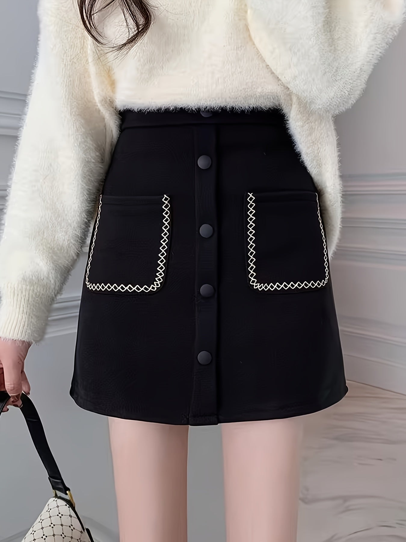 Sixsr Button Decor High Waist Skirt, Chic Dual Pockets A-line Skirt, Women's Clothing