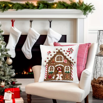 Festive 17.7" x 17.7" Christmas Gingerbread House Pillow Cover - Soft, Breathable, Machine-Washable, and Durable for Sofa, Living Room, Bedroom Home Decoration - Perfect for Holiday Season, No Pillow Insert Included