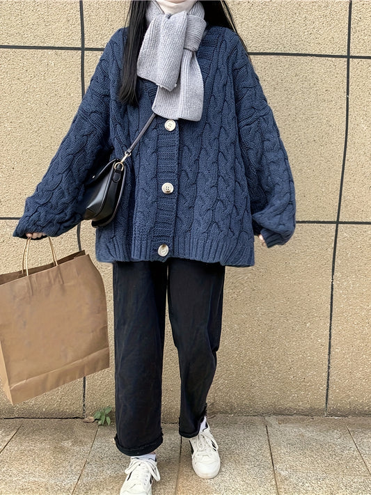 Sixsr Button Front Twist Knitted Cardigan Sweater, Casual V-neck Sweater For Fall & Winter, Women's Clothing