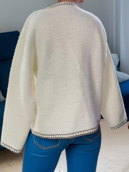 Sixsr Contrast Trim Button Down Knit Cardigan, Elegant Long Sleeve Cozy Sweater, Women's Clothing