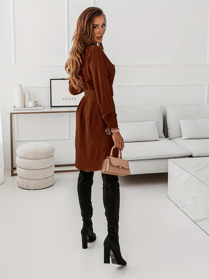 Sixsr Button Shirt Dress With Belt, Elegant Long Sleeve Dress For Spring & Fall, Women's Clothing